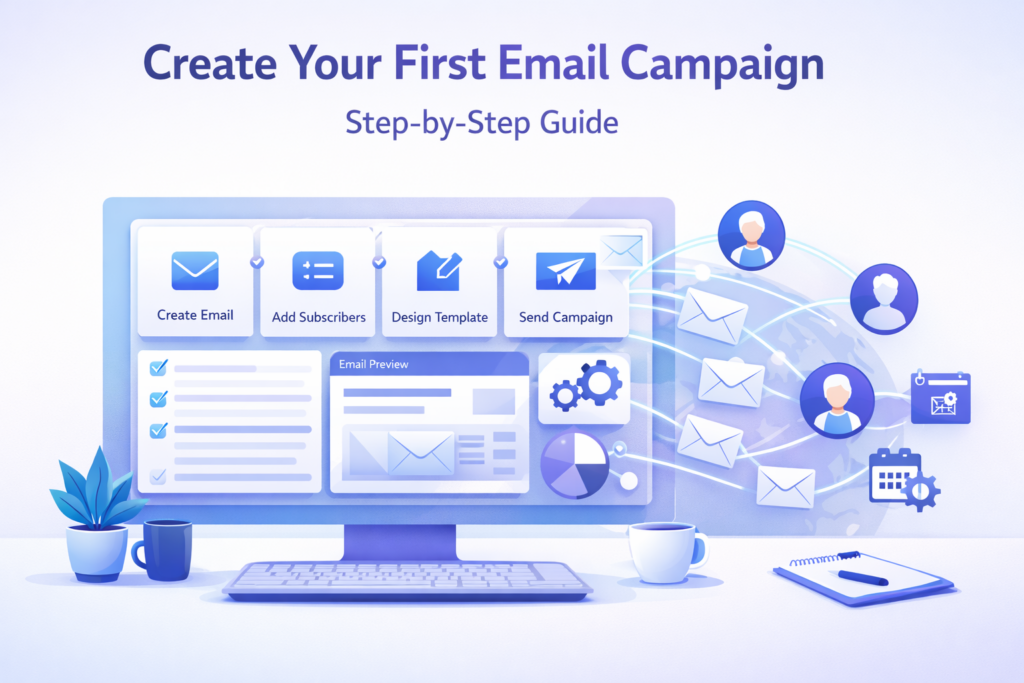 Email marketing campaign creation process showing dashboard steps like create email, add subscribers, design template and send campaign.