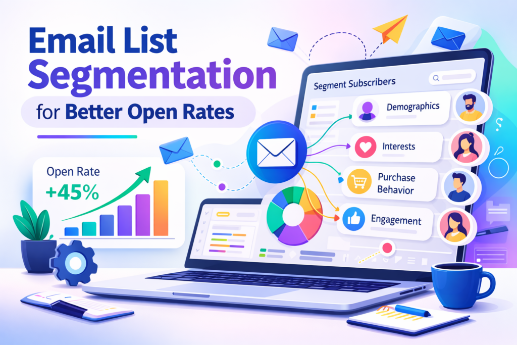 Email list segmentation illustration showing subscribers divided into demographics, interests, purchase behavior and engagement to improve email open rates.