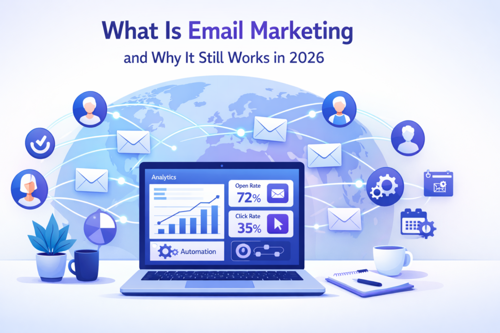 Email marketing dashboard illustration showing analytics, automation and global email campaign connections in 2026