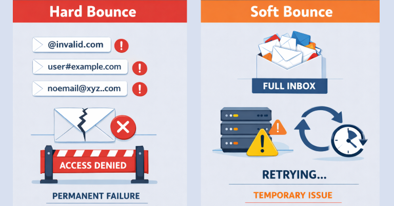 Hard bounce vs soft bounce infographic showing permanent email delivery failure vs temporary email delivery issue