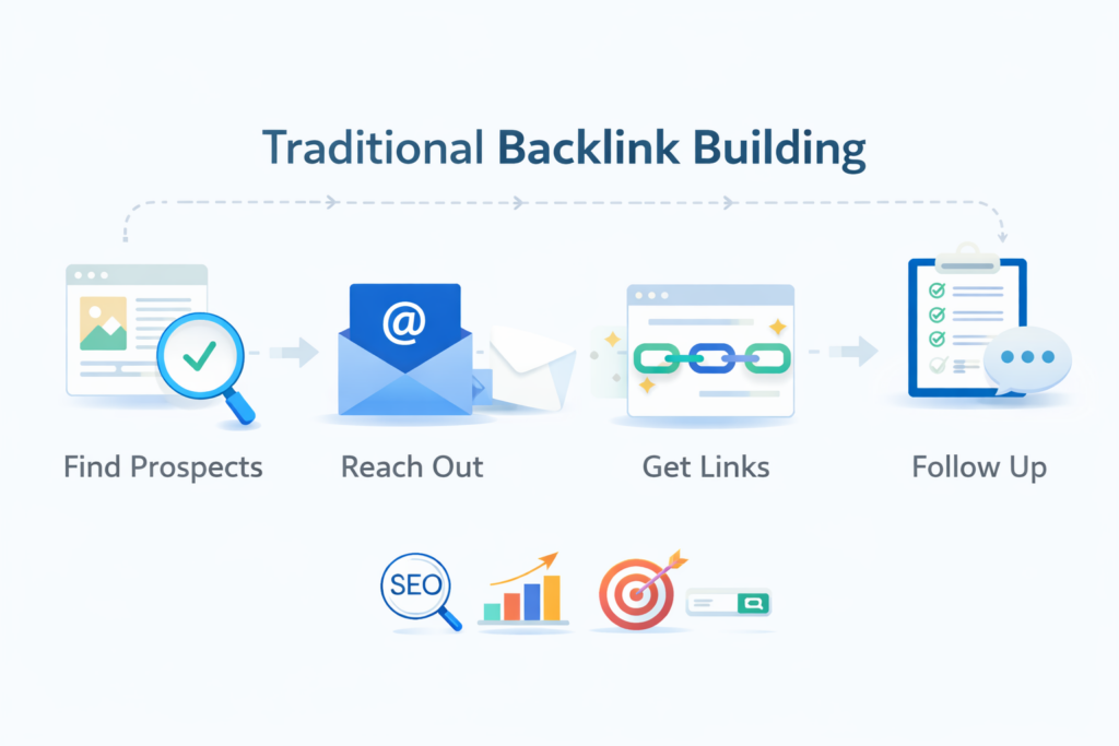 Traditional backlink building process showing outreach, guest posting, and link placement on external websites.